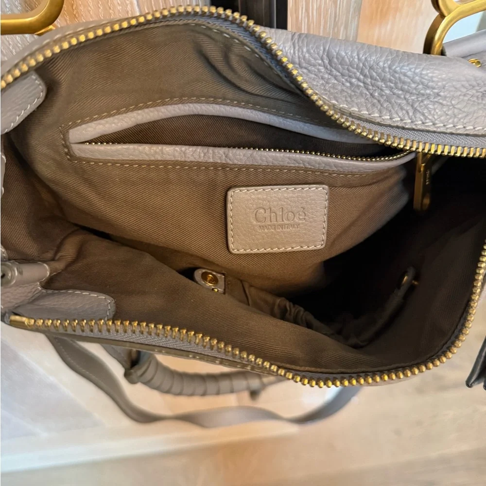 Chloe Grey-Taupe Leather Shoulder Bag with Gold Hardware